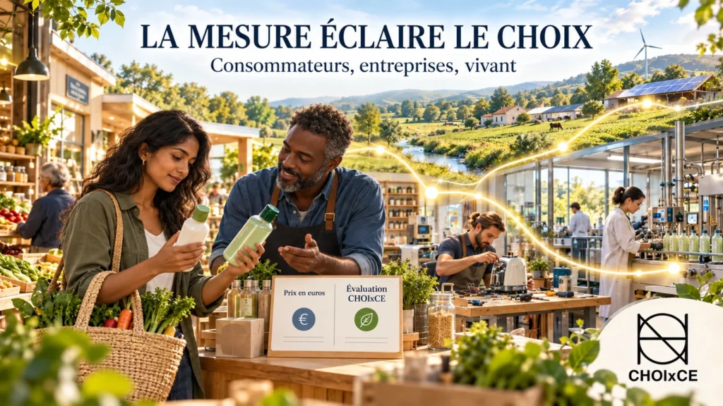 Consommatrice comparant des produits à l’aide d’une évaluation CHOIxCE tenant compte des ressources et des impacts écologiques.